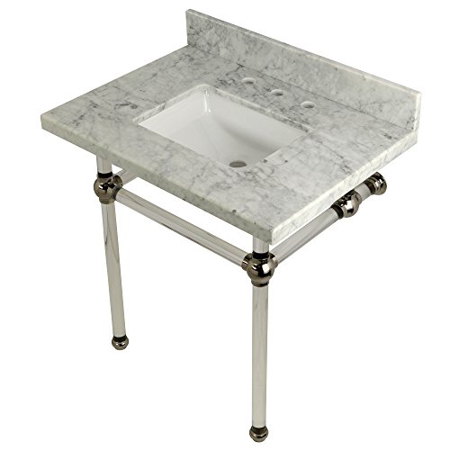 Kingston Brass KVPB3030MASQ6 Templeton 30" x 22" Carrara Marble Vanity Top with Clear Acrylic Console Legs, Carrara Marble/Polished Nickel