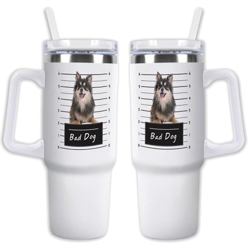 GABSHAIM Individueller weißer Becher, doppellagig, isoliert, Reisebecher mit Griff und Strohhalm-Deckel, doppelseitig bedruckt, Reise-Kaffeetasse, Phalen-Papillon-Muster, 1,2 l