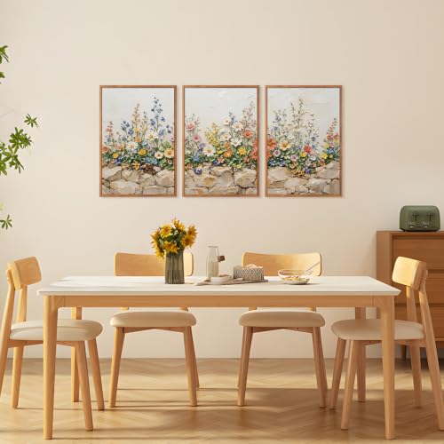 Image of CHDITB 3D Colorful Wildflower Wall Art,Neutral Rustic Stone Botanical Decor