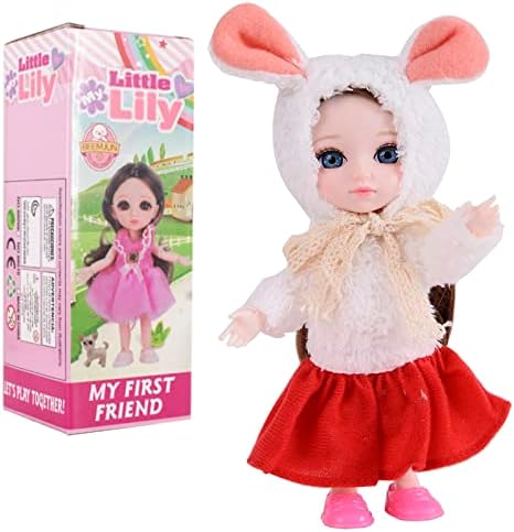 Beem Jun 6 Inch Girl Bjd Dolls 16 cm Ball Joints Doll with Accessories Small Cute Pups Grey Eyes Adorable Clothing Dress Up Pink Princess Outfit Dolly Best Gift for 3 Years+(Red)