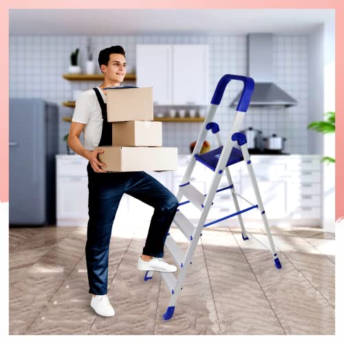 Image of BRANCO Home Pro Ladder 5 Step Ladder for Home Use | Heavy Duty Folding Aluminium Finish Ladder |150 kg Capacity | Home-Foldable | Anti-Skid Shoes | with Sure-Hinge Technology | (5 Years Warranty)
