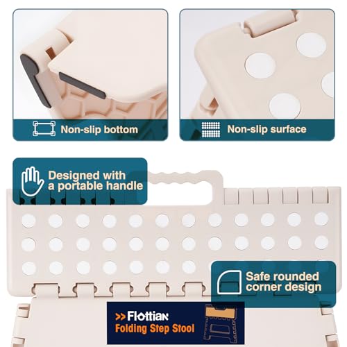 Image of Flottian 5 inch Folding Step Stool for Adults and Kids 15-Inch Extra Wide Stool Holds Up to 300 lbs,Non-Slip Folding Stools with Handle,Compact Plastic Foldable Step Stool for Bathroom,Kitchen,ect Khaki