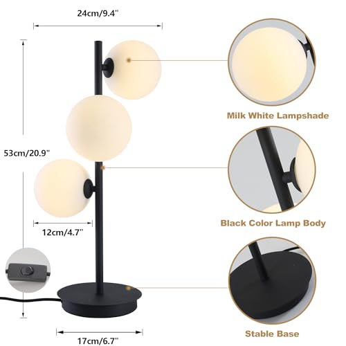 Image of Modern 3-Light Black Table Lamp with Milk Glass Globes, G9 | Matte black metal body, 3 milk glass globes, G9 sockets, modern accent lighting for nightstand, bedroom, study, living room