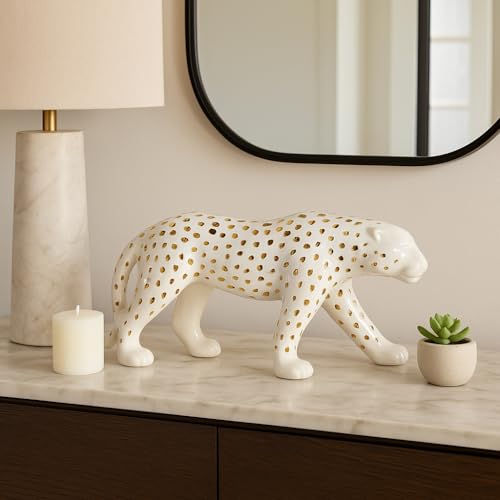 Escultura decorativa de leopardo caminando 8" blanco y dorado