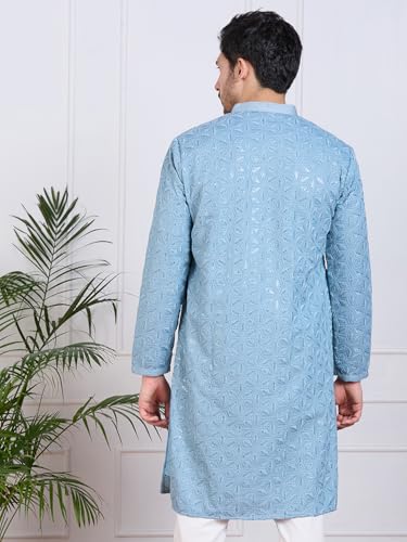 Image of Rajubhai Hargovindas Men Pure Cotton Chikankari Embroidered Straight Kurta