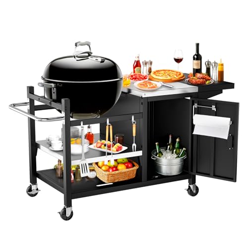 Utheer Grill Table Cart for Weber Kettle 22' Charcoal Grill, Big Green Egg, AKORN Jr – Oversized 47.7'x32.2' Surface (30% Larger) with 3-Level Adjustable Shelf, Storage Cabinet, Hooks & Towel Holder