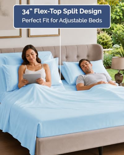 Image of Flex Top Split Head King 6 Piece Piece Sheet Set - Comfy Breathable & Cooling - Soft Hotel Luxury Bedding Set with 8-16 Inch Deep Pockets - 1 Flat & 1 Fitted Sheet & Pillowcases - Light Blue