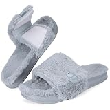 Women's Fuzzy Slippers Orthotic Slides Slippers with Arch Support Warm Cozy Faux Fur Open Toe Slip on House Shoes Flat Sandals for Plantar Fasciitis Indoor Outdoor,Grey,US 7-8=240