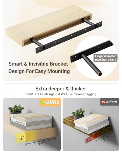 White Oak Floating Shelves, 2 Inch Thick Sturdy Wood Floating Shelves for Wall, 8 Inch Deep Shelves Over Toilet, 32 x 8 Wall Shelves for Kitchen Living Room Bathroom, 50LBS Capacity, 2-Piece - Image 5