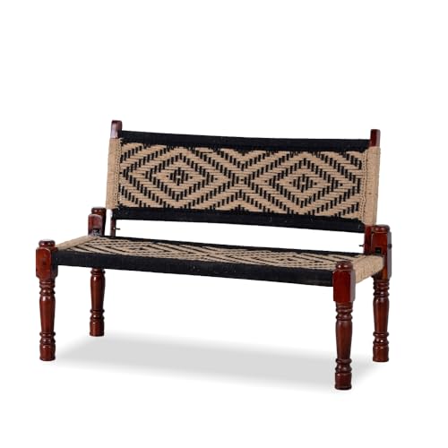 Image of Srima Wooden Bench for Living Room | Handcrafted Sheesham Wood Backrest Bench for Balcony & Garden | Traditional Rajasthani Patio for Outdoor with Cotton Handwoven Rope | Beige and Black