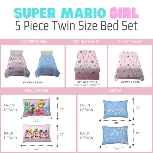 Image of Super Mario Girl Princess Peach Girl Gamer Kids Bedding Super Soft & Cozy Reversible Microfiber Comforter and Sheet Set with Sham, 5 Piece Twin Size, (Officially Licensed Product) By Franco
