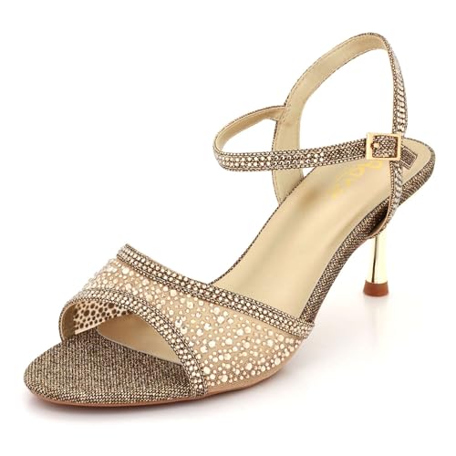 Image of AARZ LONDON Womens Diamante Ankle Strap Sandals Open Toe Kitten Heel Party Wedding Bridal Prom Evening Ladies Bronze Shoes Size 6 UK 39 EU
