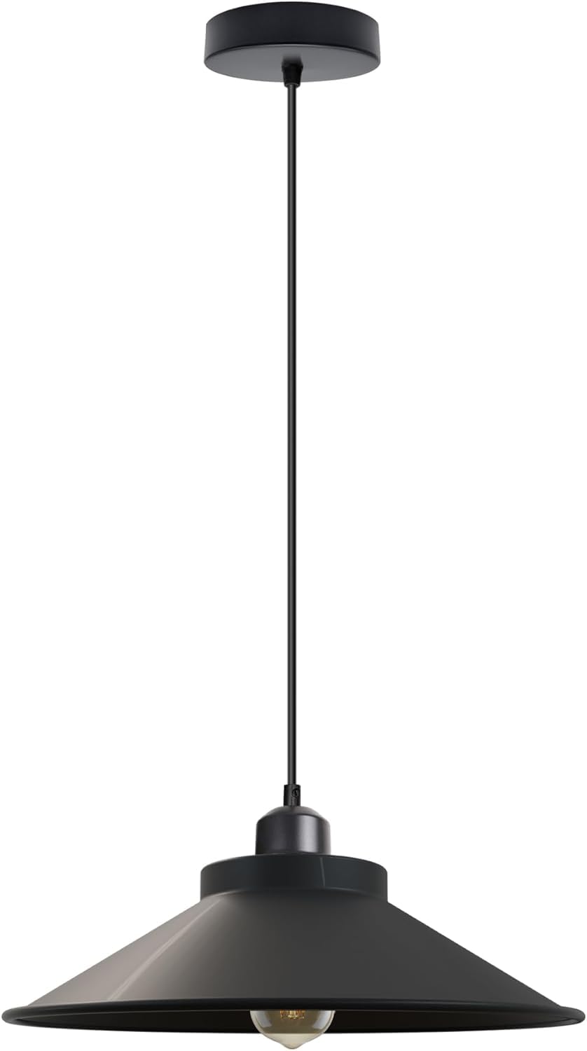 LEDSone Industrial Vintage Style Ceiling Hanging Pendant Lamp with Light Metal Shades E27 Adjustable Hanging Light Fixture for Bedroom Living Room (Black, with Bulb)