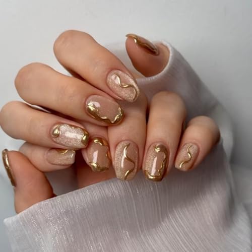 Gold Press on Nails Glitter Fake Nails Short Square False Nail wi...