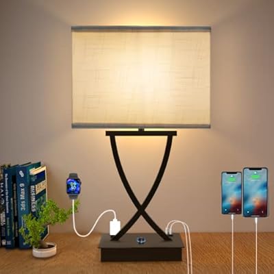 OYedis Fully Dimmable Medium Table Lamp for Bedroom with Type C/USB Charging Port and 1 AC Outlet White Shade 21.38" Bedside Nightstand Lamp for Bedroom Living Room Office and Hotel Bulb Included