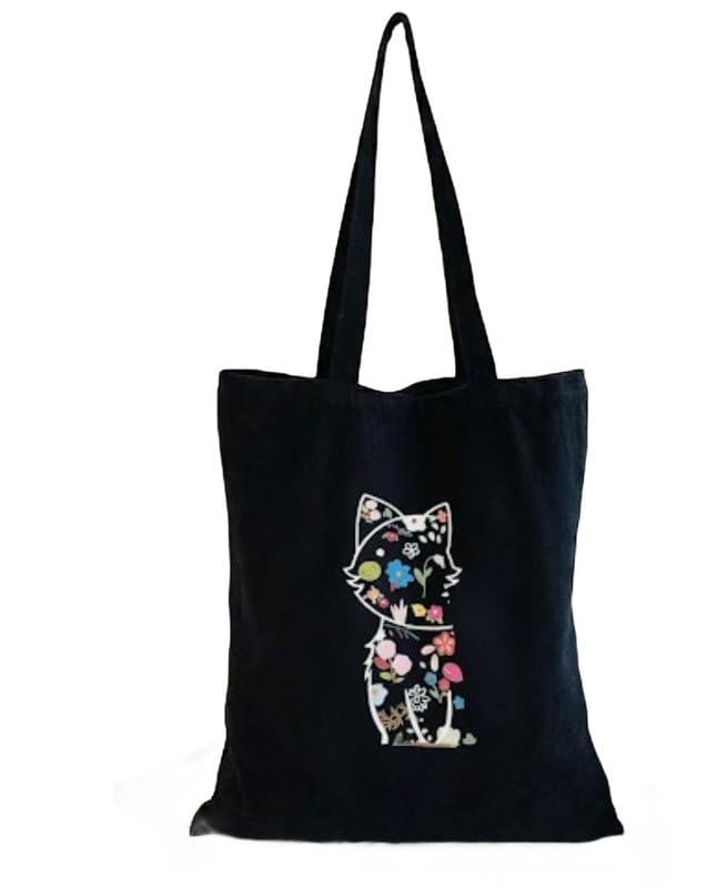 Women Canvas Tote Bag | Reusable Shopping & Daily Use Handbag | Strong Fabric Carry Bag | Size 14 x 16 Inches | Colour -Black With Cat Embroidery Print