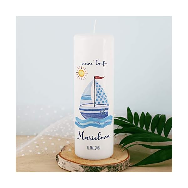 Striefchen® Taufkerze für Jungen mit Namen u. Taufdatum sowie eigenen Taufspruch 8 x 25 cm - Motiv Segelschiff – Bild 4