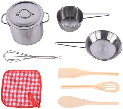 Stainless Steel Pots and Pans Cookware Pretend Kitchen Play Set for Kids (9 pcs)