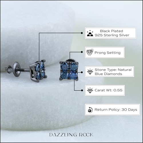 Dazzlingrock Collection 0.55 Carat (ctw) Round Blue Diamond 6mm Square Shaped Hip Hop Iced Out Studs in Black Plated Sterling Silver, Unisex Design Ladies, Mens Real Diamond Earrings3