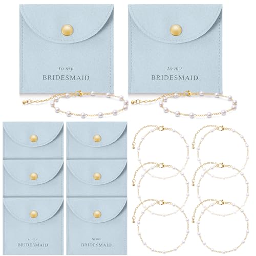 Quelay 16 Pcs Jewelry Bridesmaid Gift Pearl Bracelet Microfiber Jewelry Bag Pouch Set of 8 for Wedding Bridal Party Favor(Blue, Gold,Button)