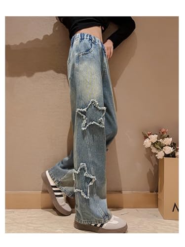 Girls Baggy Jeans Straight Wide Leg Denim Pants Elastic Jeans Kids Clothes with Pocket Size 4-14 Years3