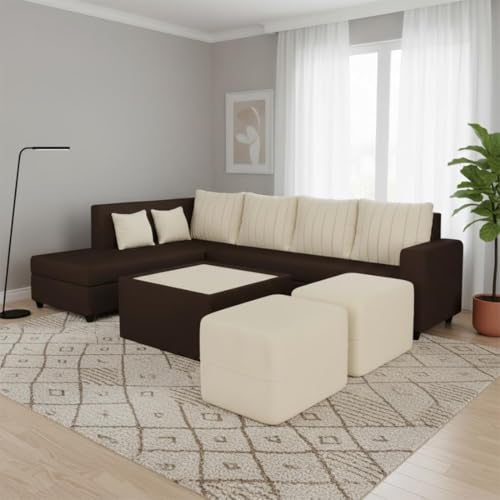 Image of CASASTYLE Stylano 8 Seater Fabric LHS L Shape Sofa Set with 1 Centre Table & 2 Ottoman (Cream-Dark Brown) 8-Person Seating with Premium Velvet Finish | Ideal for Living Room, Hotels