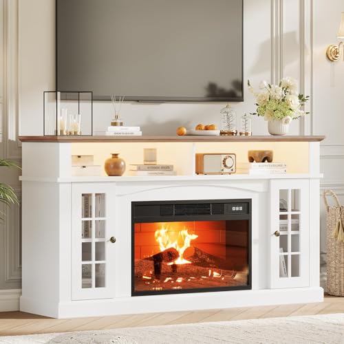 Garvee 58" Fireplace TV Stand for TVs Up to 70",Electric Fireplace TV Stand with LED Lights&3D Flame,Farmhouse Media Console with Glass Door,Tall Ente