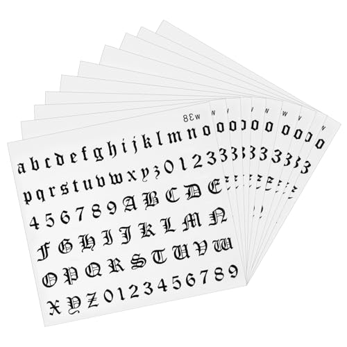 10 Sheets Letter Temporary Tattoos Alphabet Tattoos Numbers Fake Finger Stickers Alphabet Temporary Tattoo for Adults Gothic Small English Letters Tattoo for Men Wrist Neck, Black