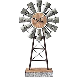 Estanterias Cocina Vintage MODE HOME Reloj de mesa de molino de viento galvanizado en soporte, reloj de escritorio vintage y estante, reloj decorativo de cocina de granja, reloj de repisa, decoración rústica de molino de viento