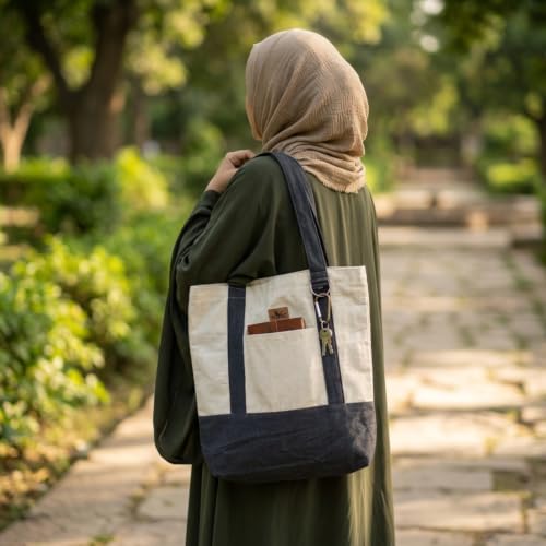 شنطة يد كبيرة للبالغين مصنوعة من كانفاس، كريم أسود، مقاس كبير