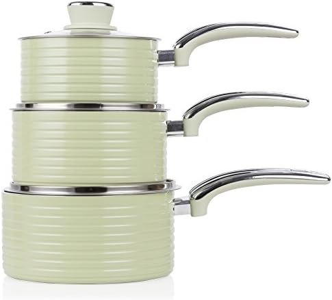 Swan SWPS3020GN Retro Induction Saucepan Set With Glass Lids, Non Stick Ceramic Coating, Easy to Clean, Green, 3 Piece, 16/18/20 Cm