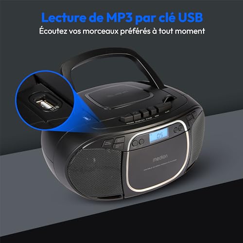 MEDION E66476 Stereo Sound System (Boombox, Lecteur CD, MP3, Cassette, Lecteur de Cassette Portable pour Enfants, Radio FM, AUX, écouteurs, Secteur & Batterie) Noir