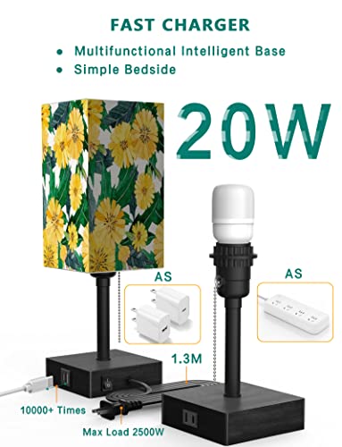 Table Lamps For Nightstand , Wood Small Sunflower Printed Bedside Lamp For Living Room Bedroom With 20W Usb C + A Fast Charging Port & Ac Outlet , For Office Reading Desk Home Dorm (Bulb Included) #TOP1