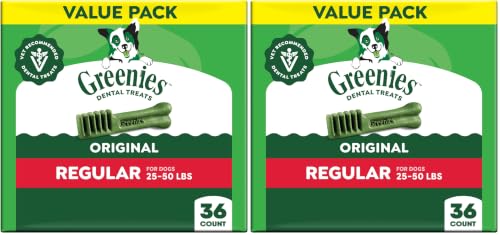 Image of Greenies Veterinarian-Recommended Adult Natural Dental Dog Treats Regular Size, Dog Dental Chews, Original Flavor, 36 oz. Pack, 36 Count (Pack of 2)