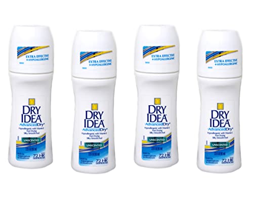 Dry Idea Roll-On Advanced Dry Antiperspirant & Deodorant, 72 HR, Unscented 3.25 FL Oz (Pack of 4)