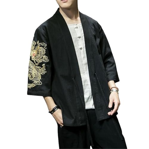 Chemise style chinois pour homme en coton avec broderie dragon kaki