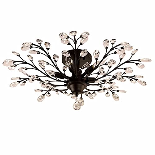 Seol-Light Vintage Large Crystal Branches Chandeliers Black Close To Ceiling Light Flush Mount Fixture With 5 Light 200W 31.5" Dia #TOP1