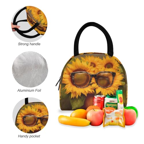 Glasses Sunflower Print Backpack Set with Lunch Bag, Large Capacity Travel Backpacks and Lunch Box Insulated for Commute Hiking Picnic4