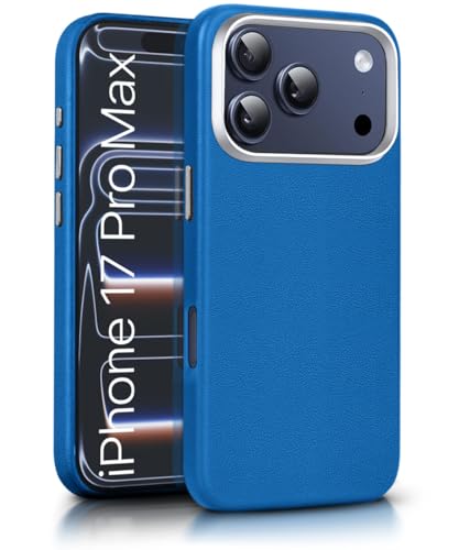 Image of WOW IMAGINE Back Cover for iPhone 17 Pro Max | Shockproof Tough Leather Texture Hard Mobile Case | Ultra Slim Non-Slip Grip | Inner Velvet Fabric | Metal Camera Ring - Blue
