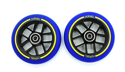 Nokaic Pack de 2 Ruedas Profesionales para Patinete Scooter Freestyle, 110 mm Diámetro, Goma Azul, Core Negro Cover