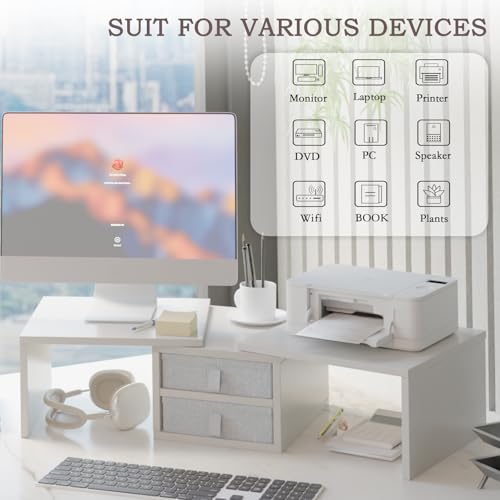 Image of TEAMIX Dual Monitor Stand Riser with 2 Drawers - Length and Angle Adjustable White Monitor Stand with Storage Large Computer Riser for 2 Monitors /Laptop /PC, Wood Screen /TV Stand Desk Organizer
