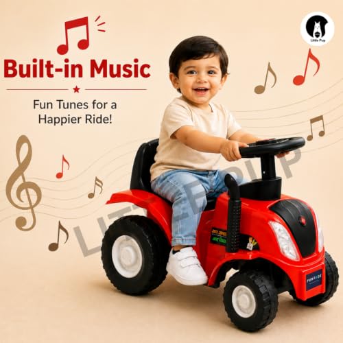 Image of Little Pup Kids Ride On Tractor Toy with Music & Horn, Steering Wheel, Comfortable Backrest, Wide Footrest & Sturdy Wheels for Boys & Girls