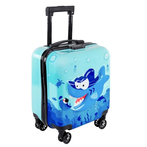 Image of Kids Carry On Luggage with Wheels, 18-inch Hard Shell Suitcase for Boys & Girls, Lightweight Toddler Rolling Travel Bag with Retractable Handle, Durable Hardside Spinner Suitcase,blue shark