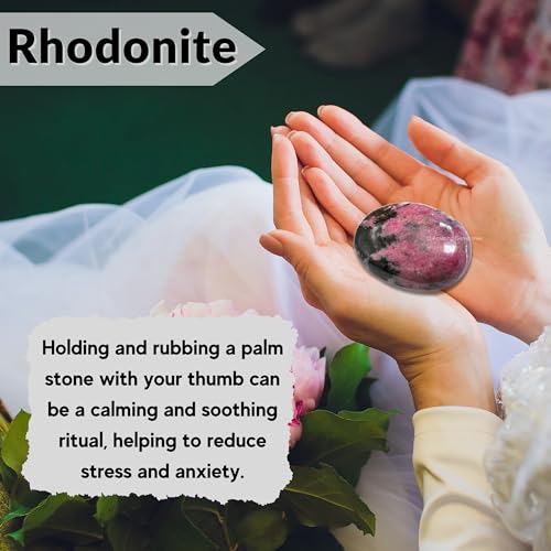 Image of Amazing Gemstone Rhodonite Palm Stone - Hot Massage Worry Stone for Natural Body Chakra Balancing, Reiki Healing and Crystal Grid