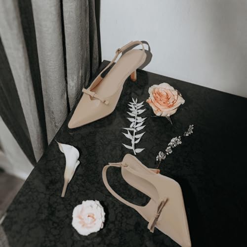 Image of Mattiventon Slingback Heels for Women Kitten Heels Bow Ankle Strap Pointed Toe Heel Sexy Wedding Dress Party Pumps