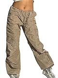  ORANDESIGNE Cargo Pantalons Femme Y2k Aesthetic Baggy Taille Basse Pantalon Long Hippie Coupe Droite Pantalon Décontracté avec Multi Poche Harajuku Streetwear T Kaki M