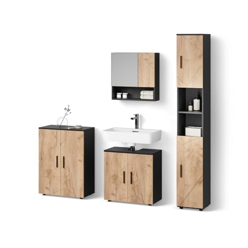 Livinity Badmöbel-Set Ronco, Goldkraft Eiche/Anthrazit, 4 Teile, mit Hochschrank und Kommode