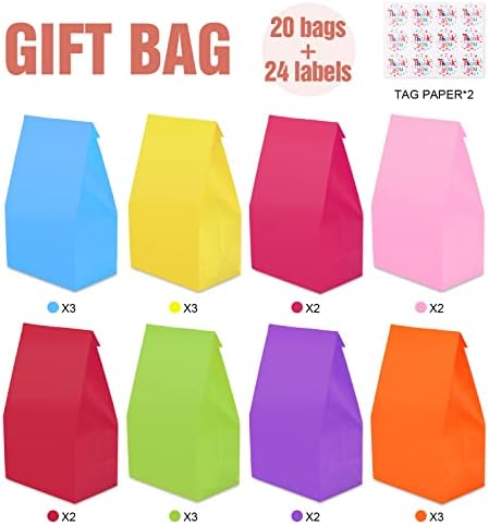Party Bags,Sumwitum 20PCS Gift bags for kids party(130X 80 X 240mm),8 Colors Flat Bottom Kraft Paper Bag with 24 (thank you) Stickers Suitable for Christmas Halloween Birthday Wedding Party. (Rainbow)