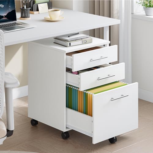 Image of HOOBRO 3-Drawer File Cabinet, Wooden Under Desk Filing Cabinet, fits A4 /Letter Size for Home Office, Small Rolling Storage Drawer Chest, Printer Stand with Drawers, White WW02WJ01G1