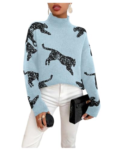 Image of WDIRARA Women's Leopard Tiger Print Sweater High Neck Long Sleeve Fuzzy Knitted Pullover Top